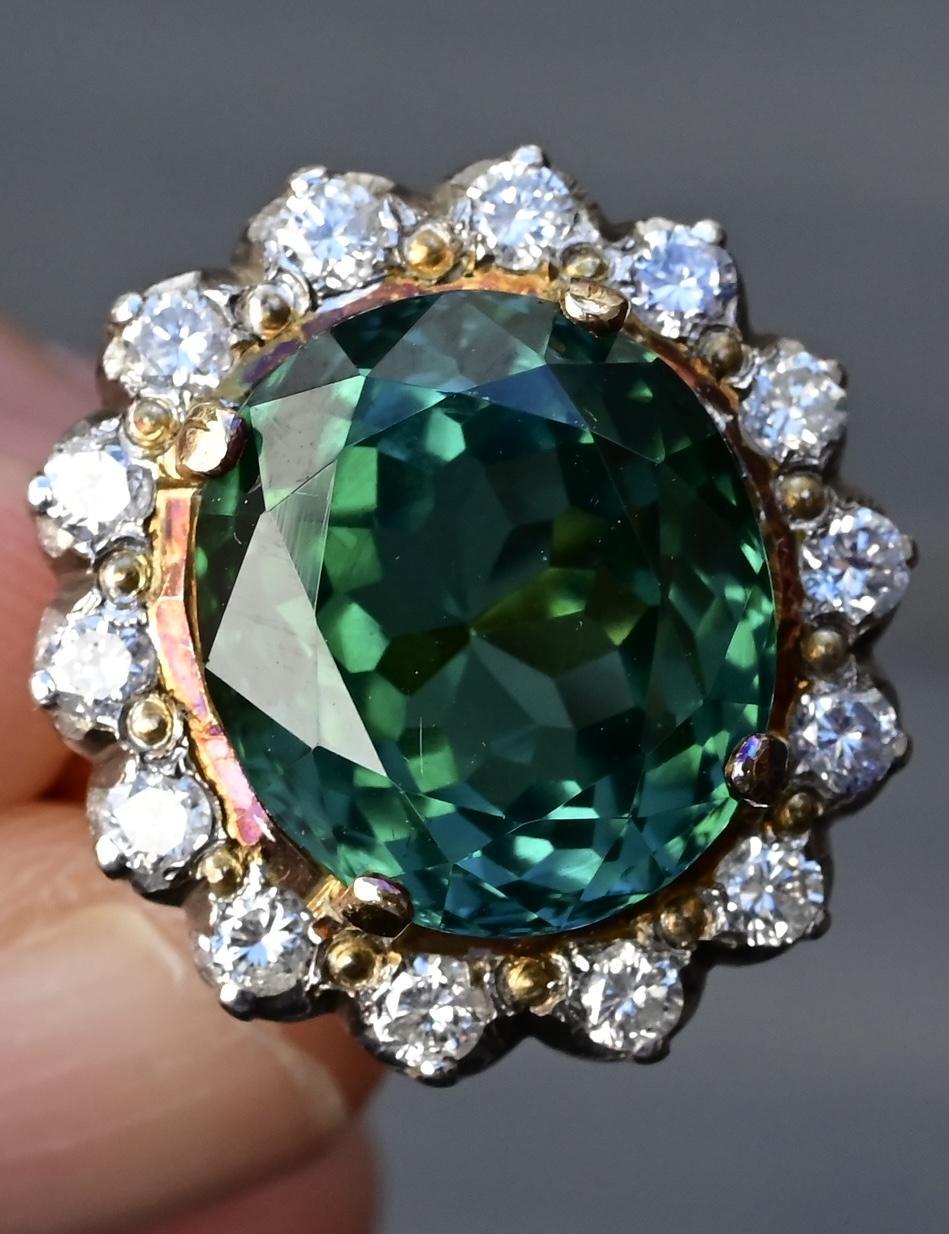 Women's 18K Gold 11.77ct Green Tourmaline & Diamond Halo Ring – 12.75g, Size 5.25