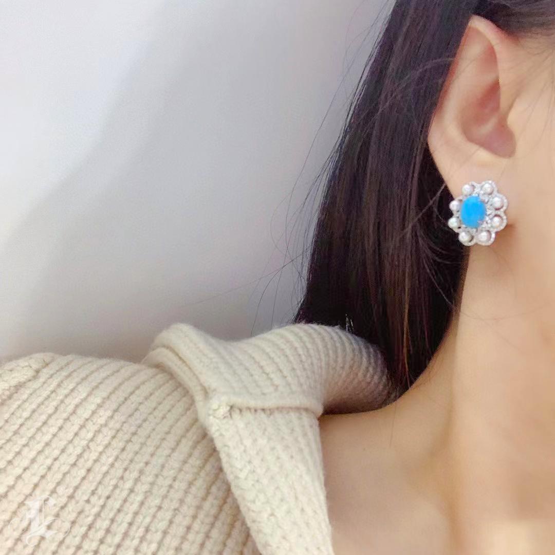 Uncut 【Caelmare】Lustre Bloom Turquoise & Akoya Earrings For Sale