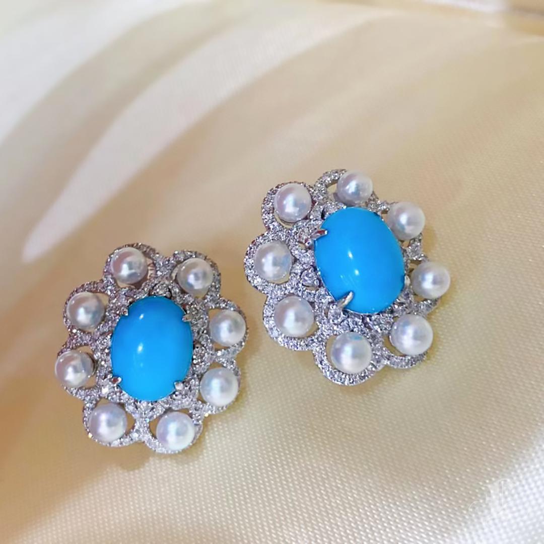Women's 【Caelmare】Lustre Bloom Turquoise & Akoya Earrings For Sale