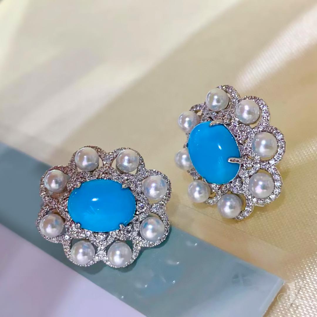 【Caelmare】Lustre Bloom Turquoise & Akoya Earrings For Sale 1