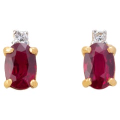 No Reserve-18k Gold 1.20ct Pigeon's Blood Ruby & 0.06ct Diamond Stud Earrings