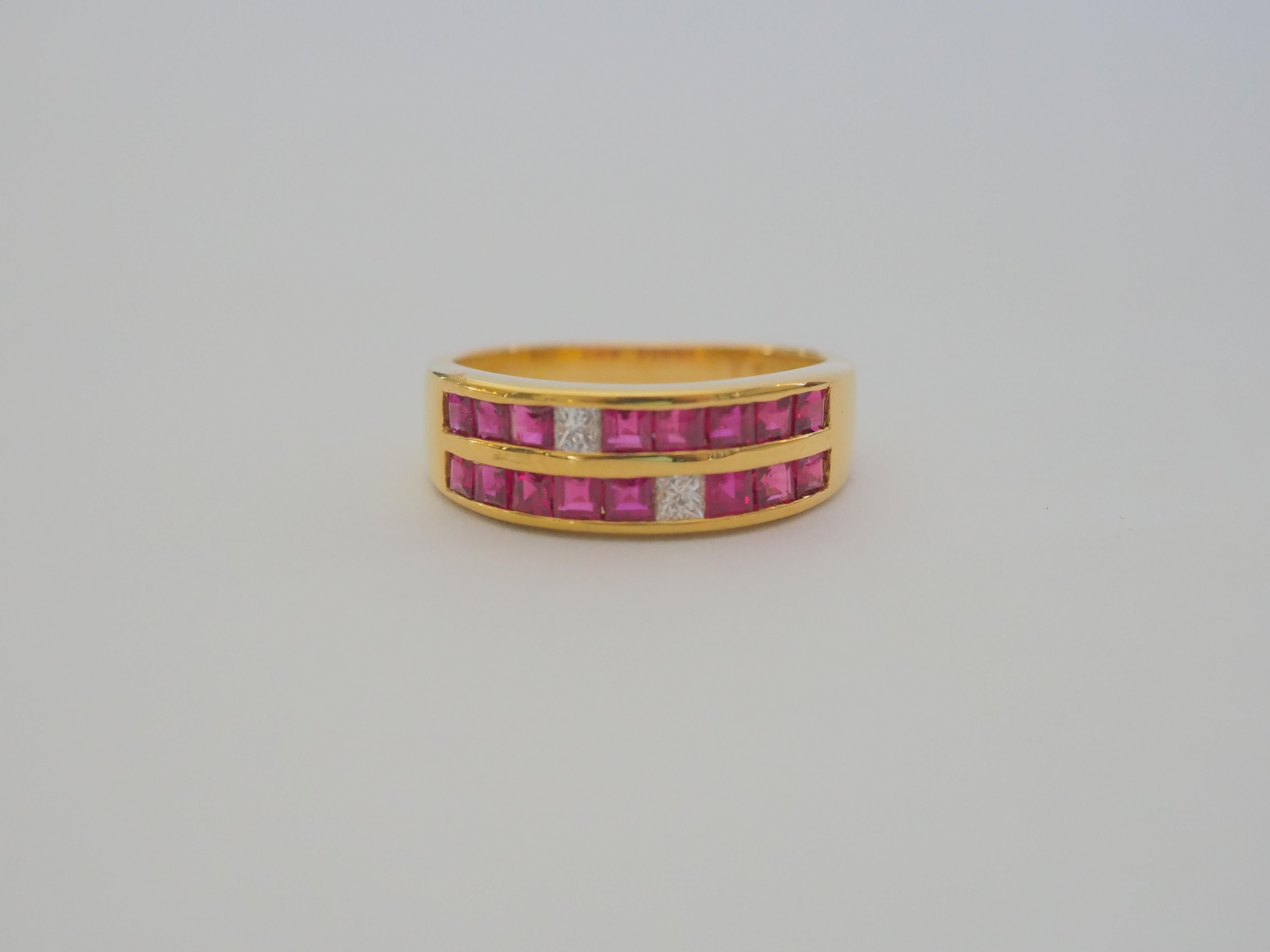 A gorgeous luxury Neo-vintage chunky band ring that is both suitable for all sexes. This ring has two rows of beautiful Thai rubies and princess diamonds channeled nicely into the band. The square cut rubies have a beautiful pinkish red hue and the