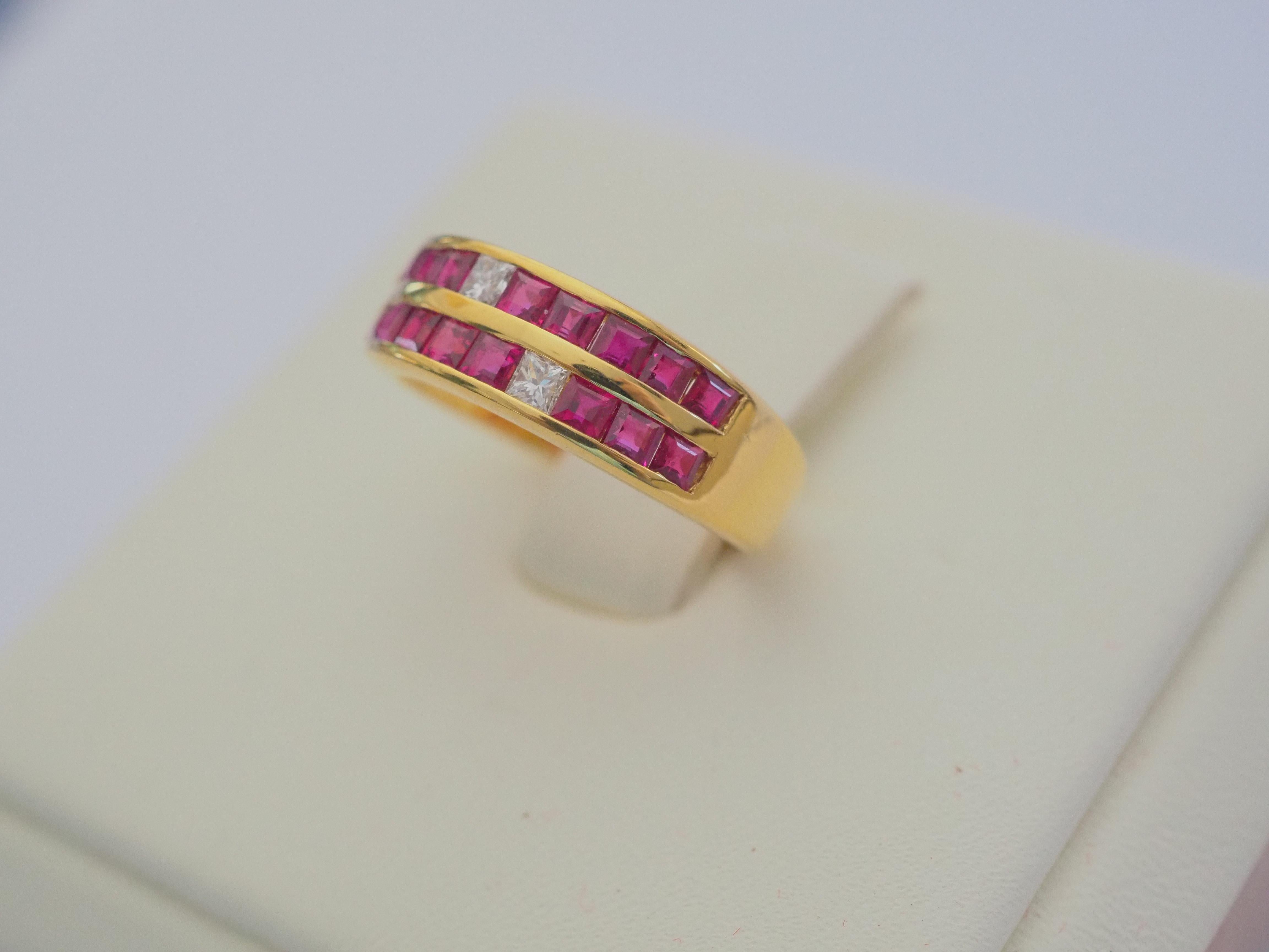 18K Gold 1.20ct Square Cut Ruby & 0.12ct Princess Diamond Two Row Band Ring For Sale 2
