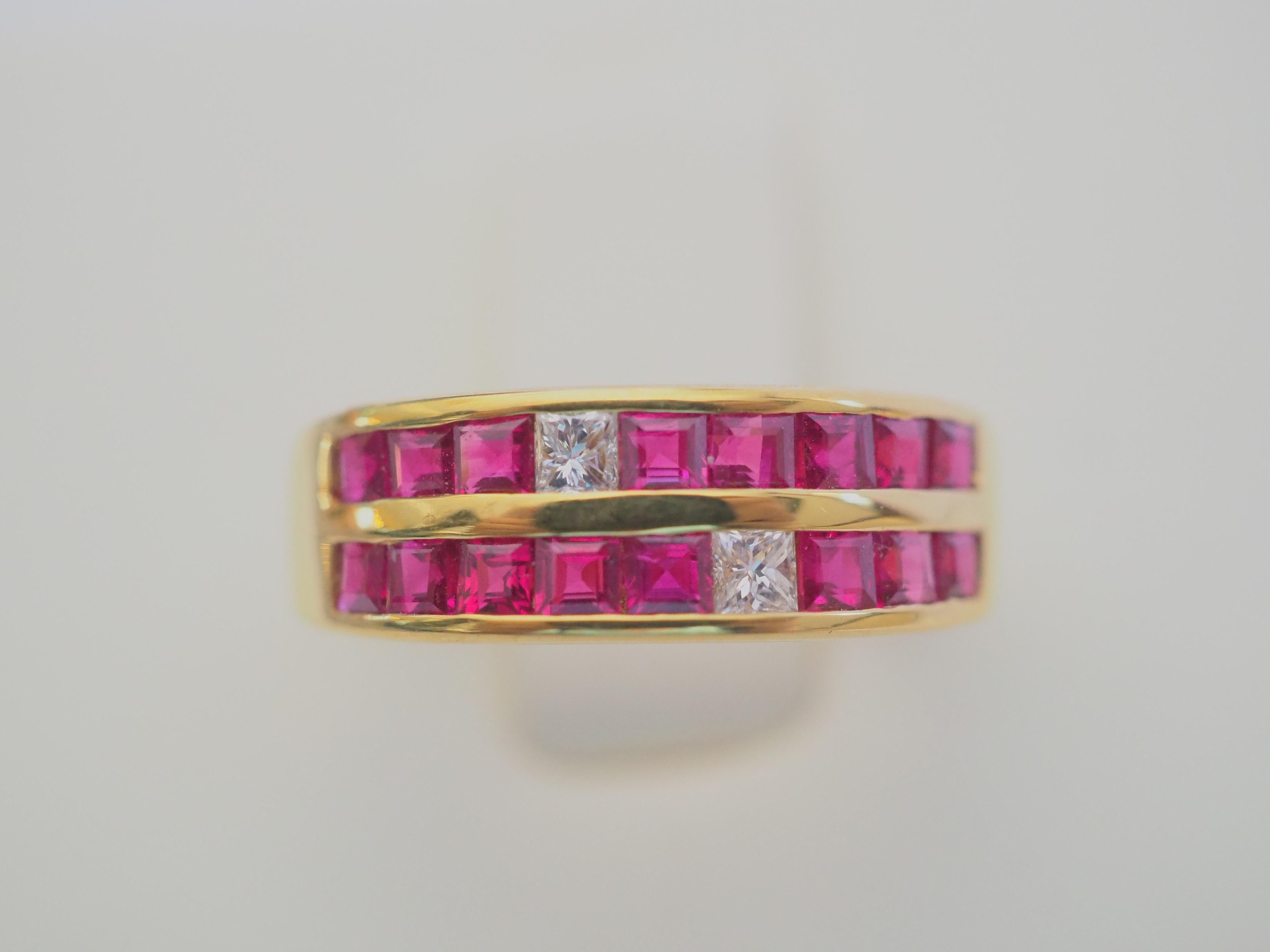 18K Gold 1.20ct Square Cut Ruby & 0.12ct Princess Diamond Two Row Band Ring For Sale 3
