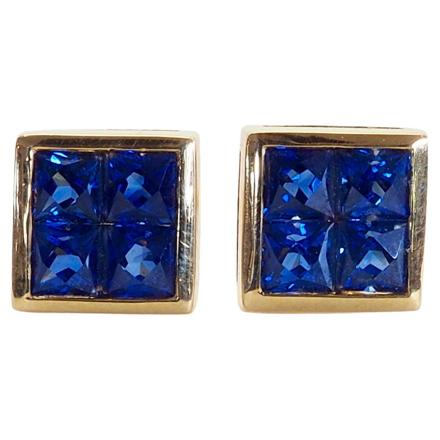 18K Gold 1.20ct Squared Blue Sapphires Stud Earrings