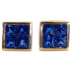 18K Gold 1.20ct Squared Blue Sapphires Stud Earrings