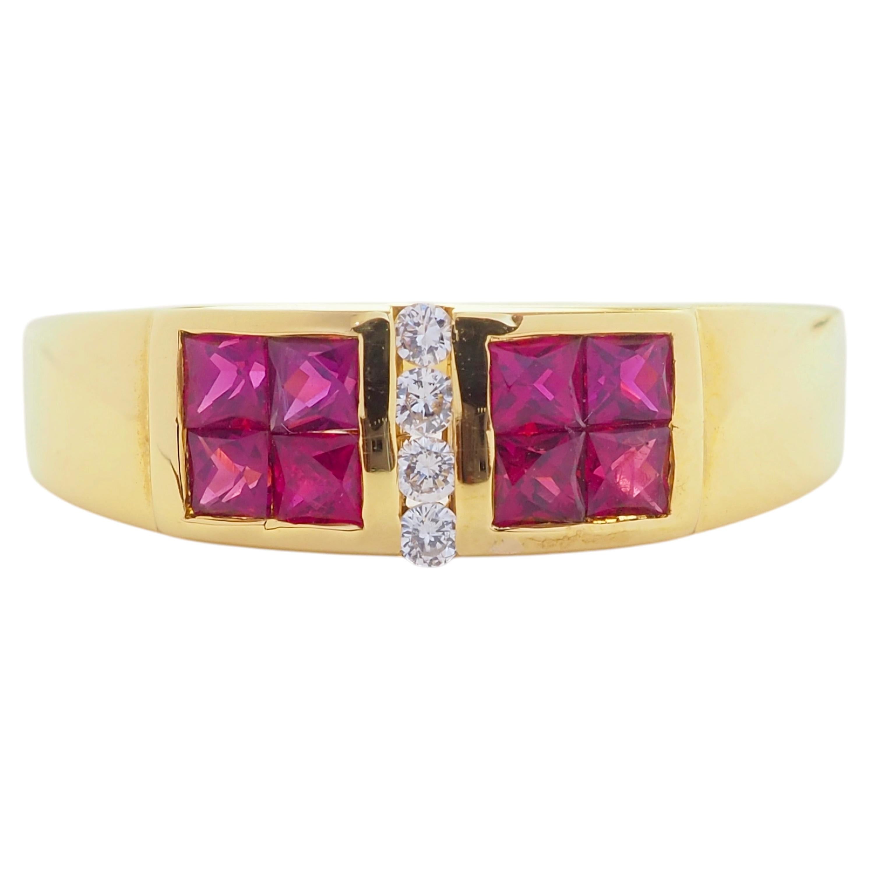 Bague en or 18 carats sertie en rail d'un rubis carré de 1,20 ct et d'un diamant de 0,06 ct en vente