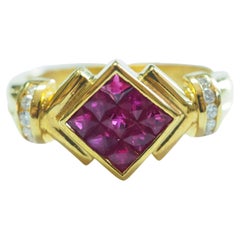 No Reserve- 18K Gold 1.20ct Ruby 
0.10ct Diamond Stylish Channeled Cluster Ring