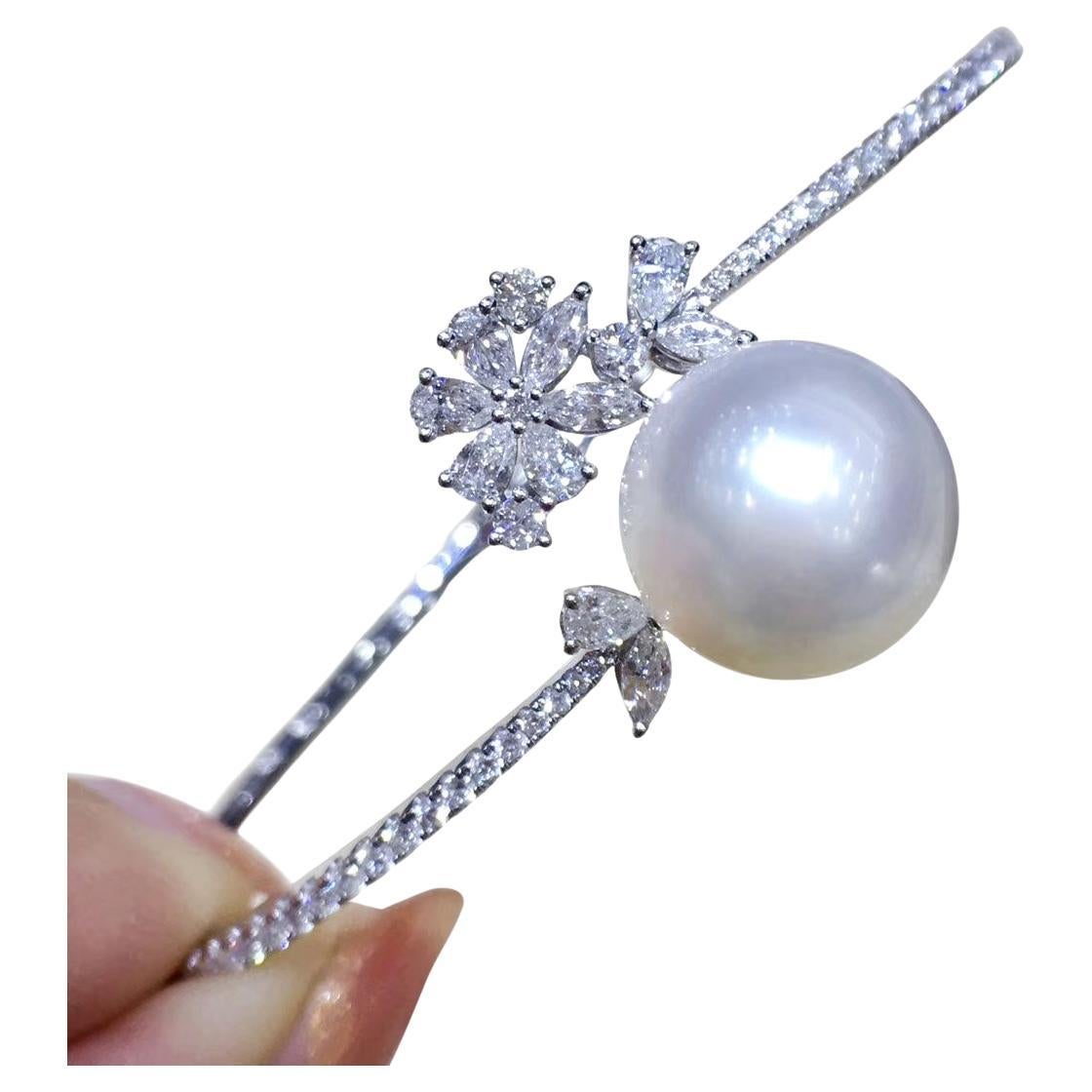 【Vine Symphony】Blooming Aurora South Sea Pearl Diamond Cuff Bracelet