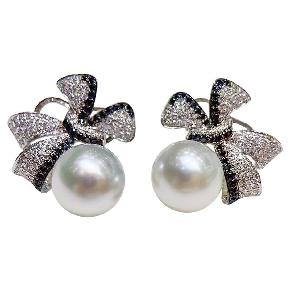 【Crown Radiance】Ribbon Charm Aurora South Sea Pearl Diamond Stud Earrings