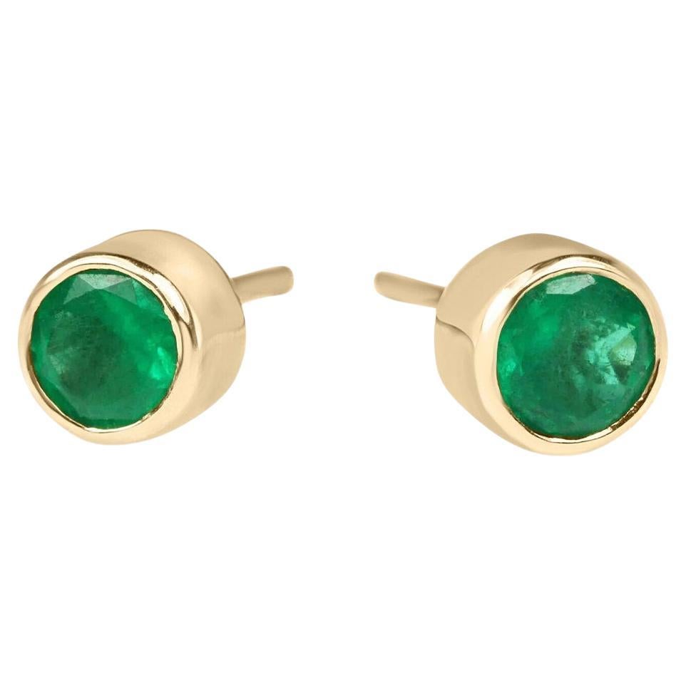 18K Gold 1.22tcw High-Quality Dark Green Natural Round Emerald Bezel Stud