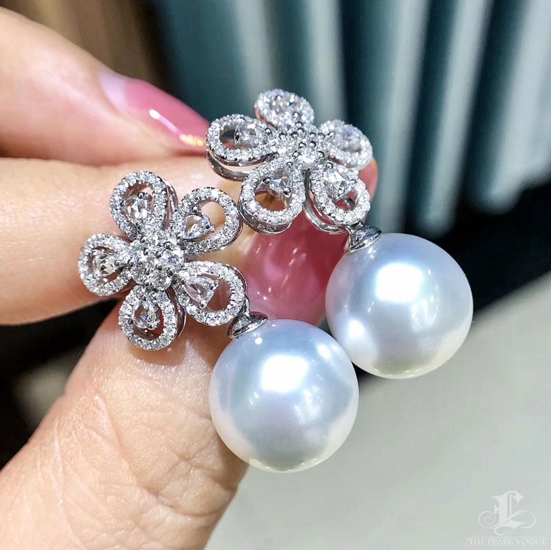 【Vine Symphony】Blossom Diamond Aurora South Sea Pearl Dress Earrings In New Condition For Sale In New York, NY
