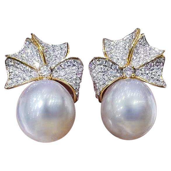 【Crown Radiance】Golden Bow Aurora South Sea Pearl Diamond Earrings