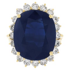 18k Gold 12.55ctw Gia Dark Blue Cushion Cut Sapphire Diamond Halo Classic Ring