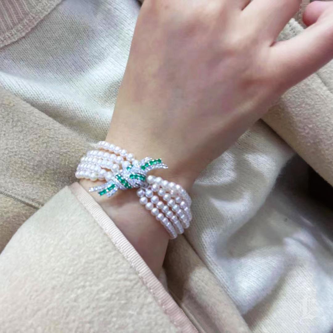 Uncut 【Sculpted Geometry】Five-Strand Akoya Pearl Bracelet with Diamonds & Emeralds For Sale