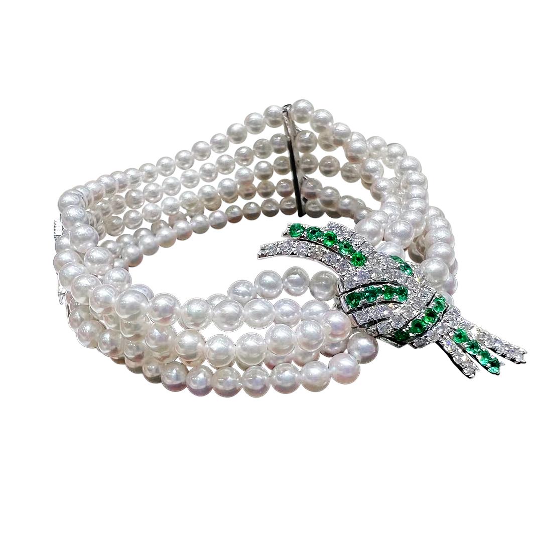 【Sculpted Geometry】Five-Strand Akoya Pearl Bracelet with Diamonds & Emeralds For Sale 4