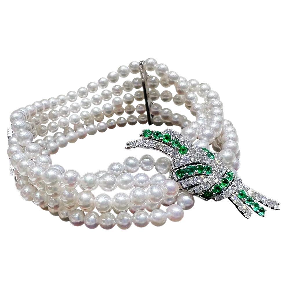 【Sculpted Geometry】Five-Strand Akoya Pearl Bracelet with Diamonds & Emeralds For Sale