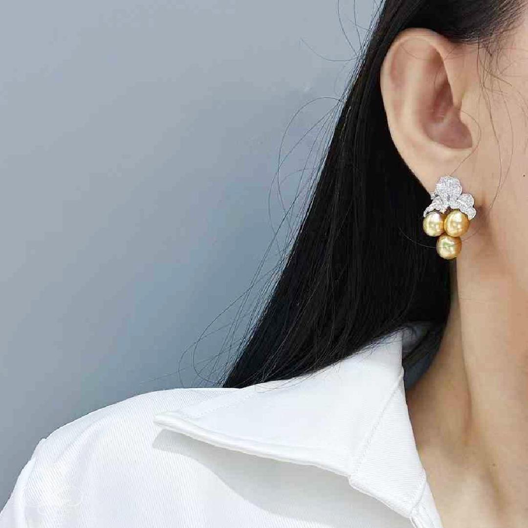 Uncut 【Vine Symphony】Golden Bloom South Sea Pearl Cluster Diamond Earrings For Sale