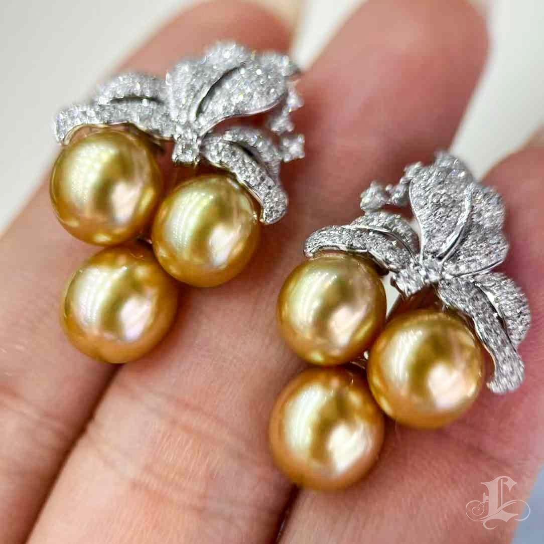 Women's 【Vine Symphony】Golden Bloom South Sea Pearl Cluster Diamond Earrings For Sale