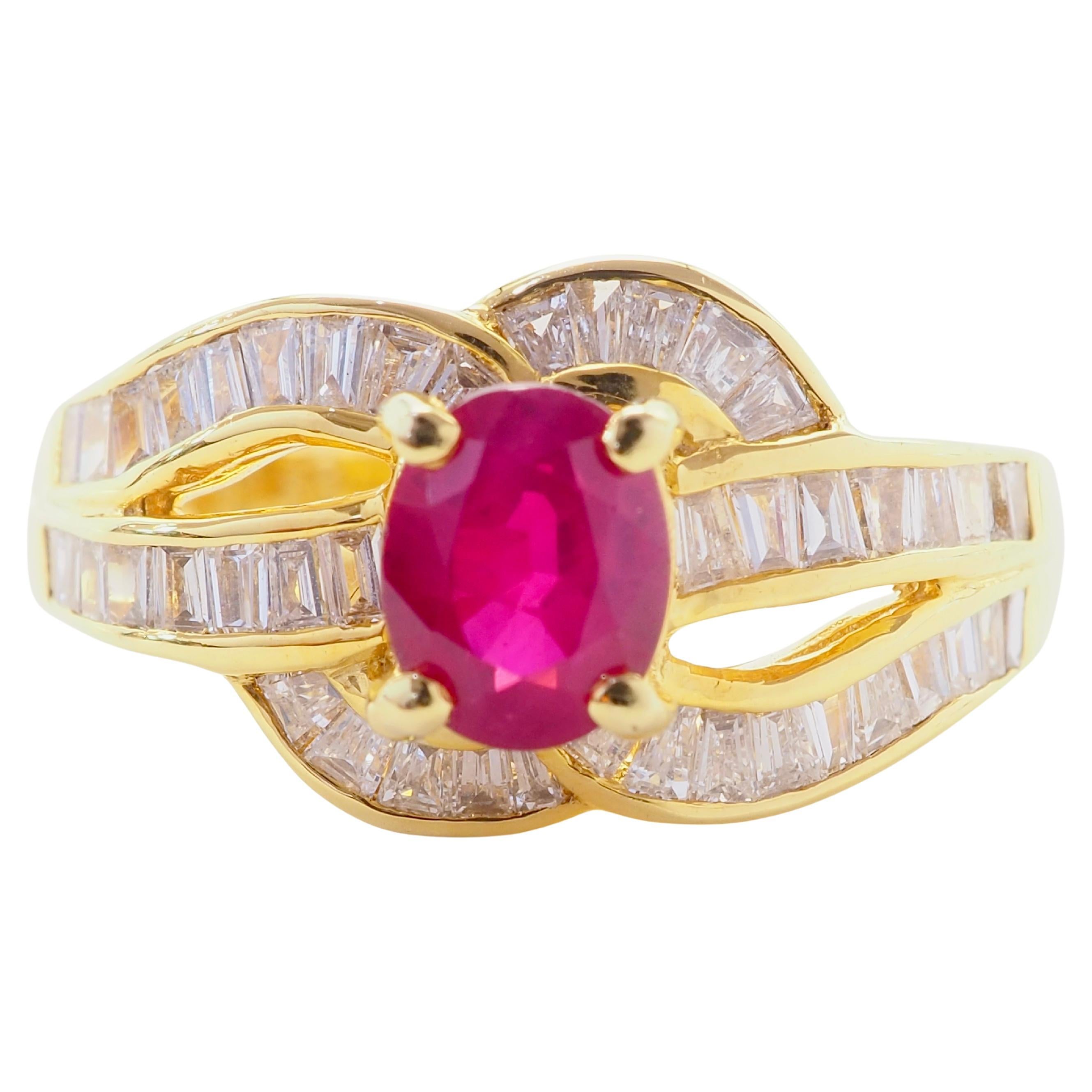 18K Gold 1.26ct Oval Myanmar Red Ruby & 0.71ct Baguette Diamond Woven Band Ring