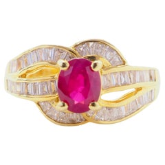 18K Gold 1.26ct Oval Myanmar Red Ruby & 0.71ct Baguette Diamond Woven Band Ring
