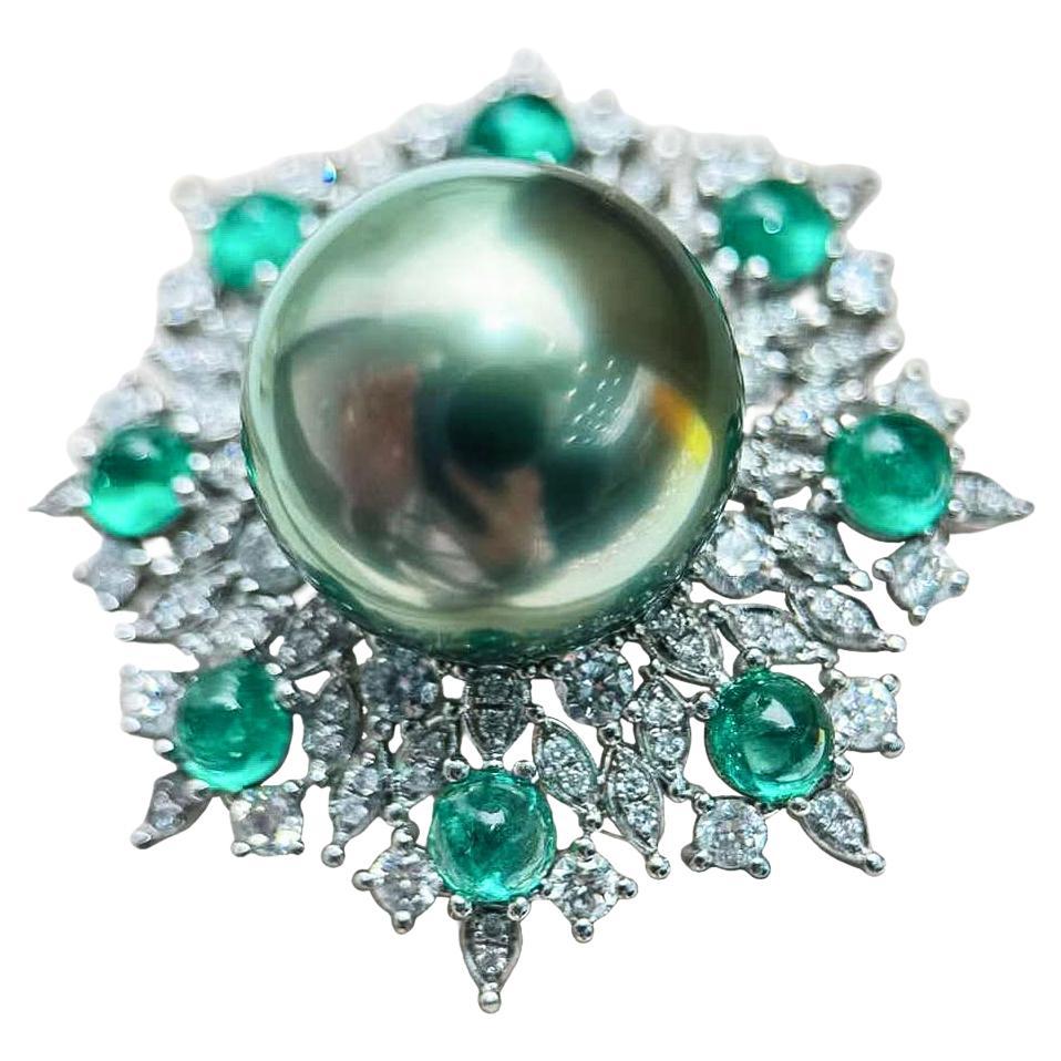 【Crown Radiance】Aurora Bloom Emerald Tahitian Pearl Diamond Ring
