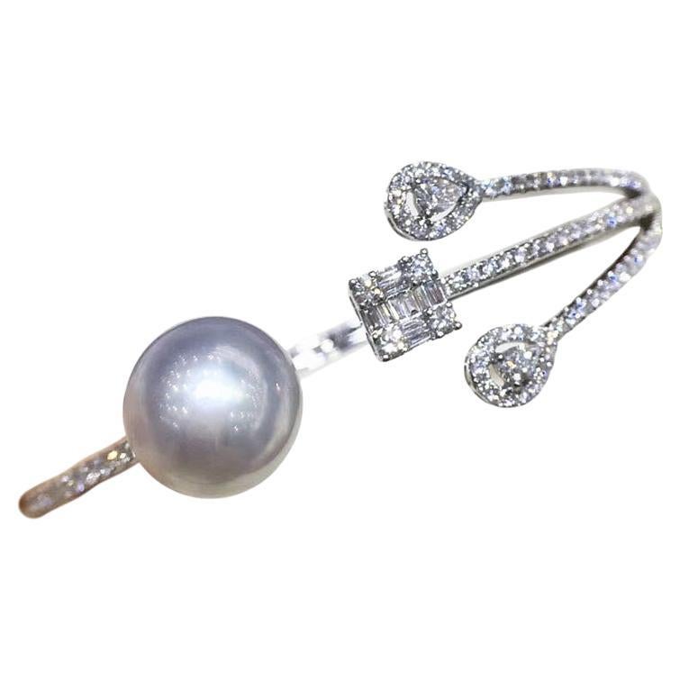 【Sculpted Geometry】Modern South Sea Pearl Baguette Diamond Open Cuff Bracelet