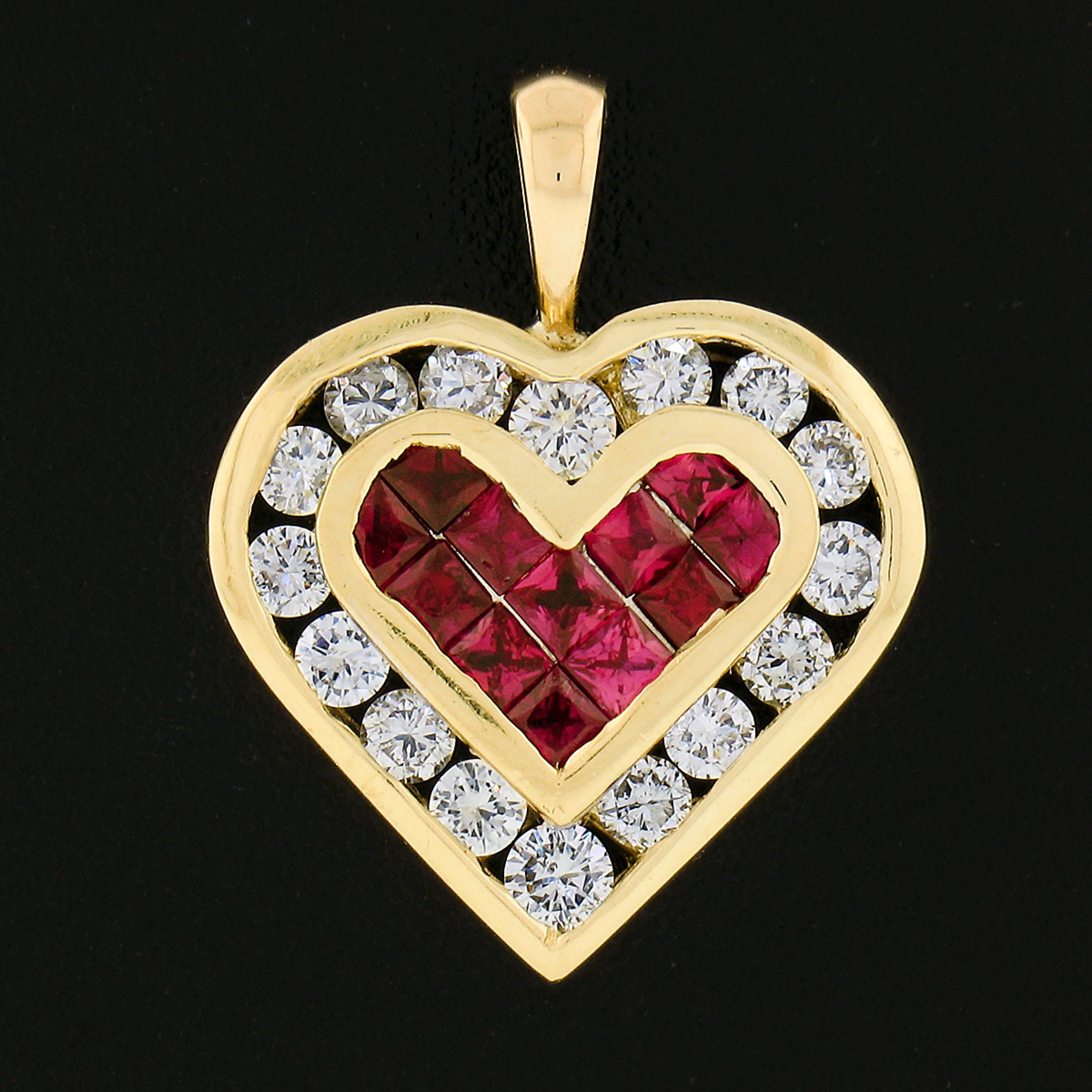 You are looking at a very fine heart pendant crafted in solid 18k yellow gold featuring gorgeous natural rubies neatly set at the center of a fiery diamond halo. The rubies are square calibre cut and are neatly invisible set showing the most amazing