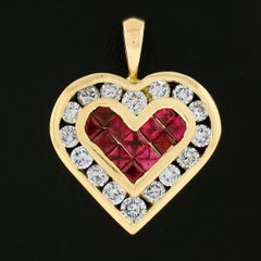 18k Gold 1.29ctw Invisible Set Ruby Center w/ Channel Diamond Halo Heart Pendant
