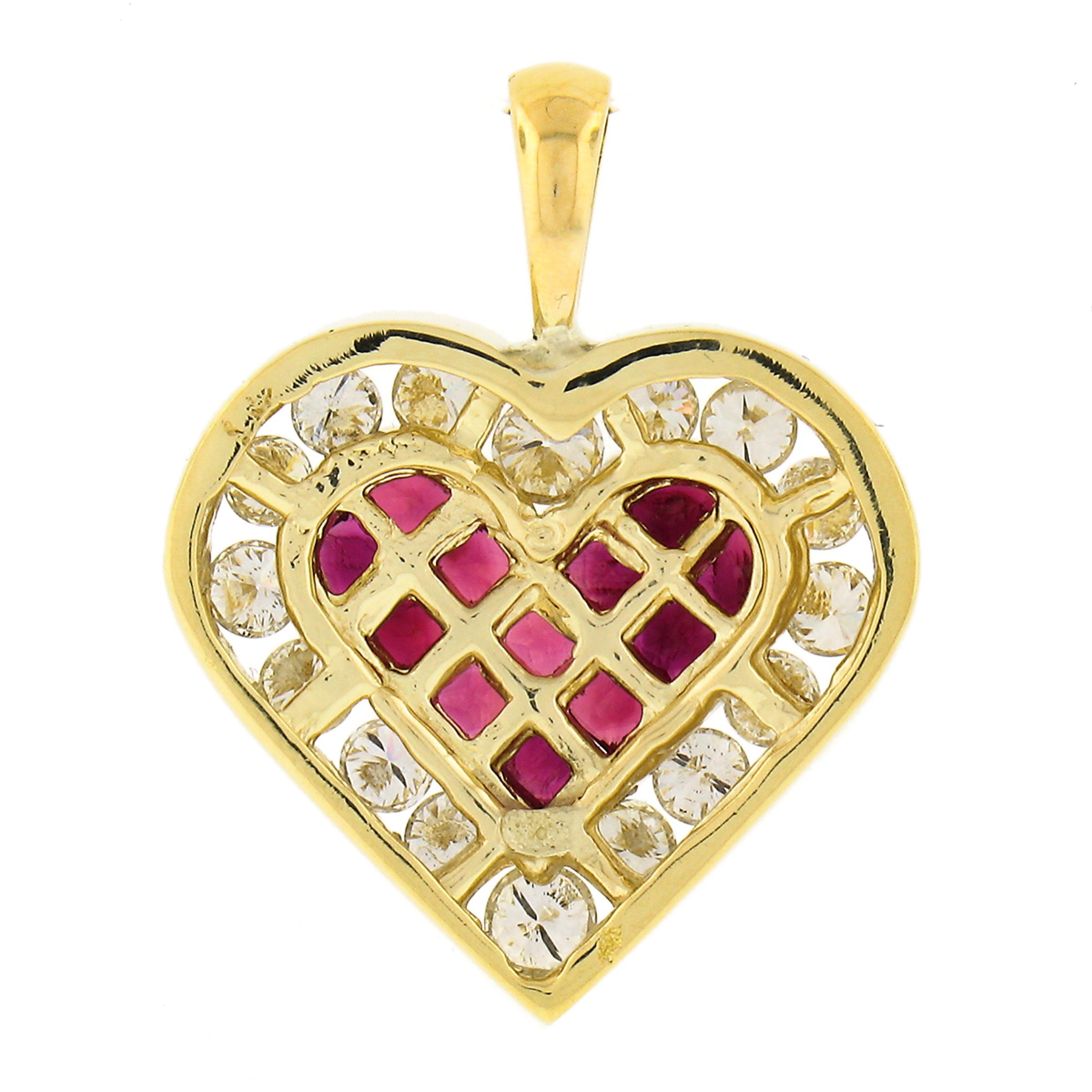 18k Gold 1.29ctw Invisible Set Ruby Center w/ Channel Diamond Halo Heart Pendant In Excellent Condition In Montclair, NJ