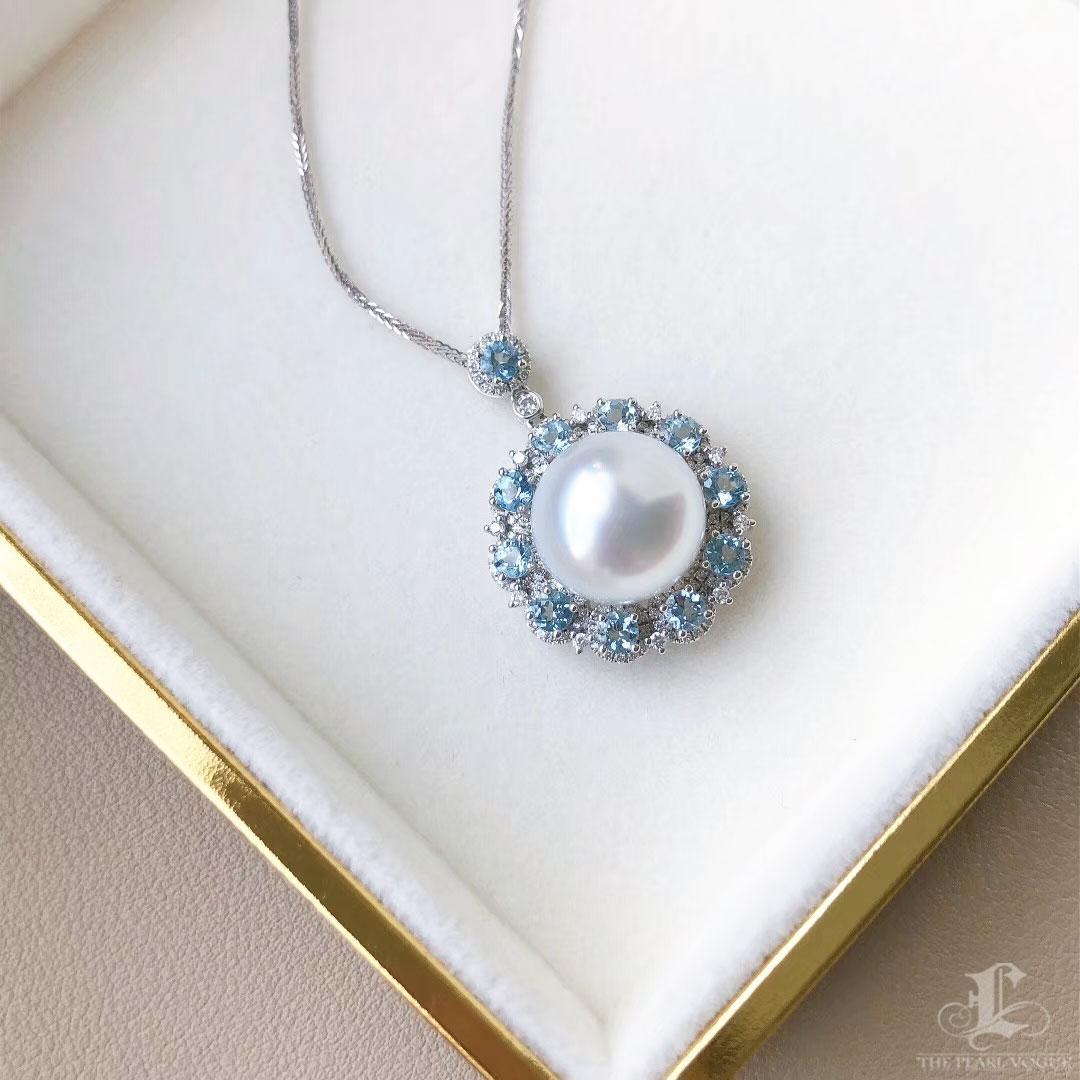 【Crown Radiance】Colgante de perla del mar del sur, aguamarina y diamantes con halo celestial en Nuevo estado para la venta en New York, NY