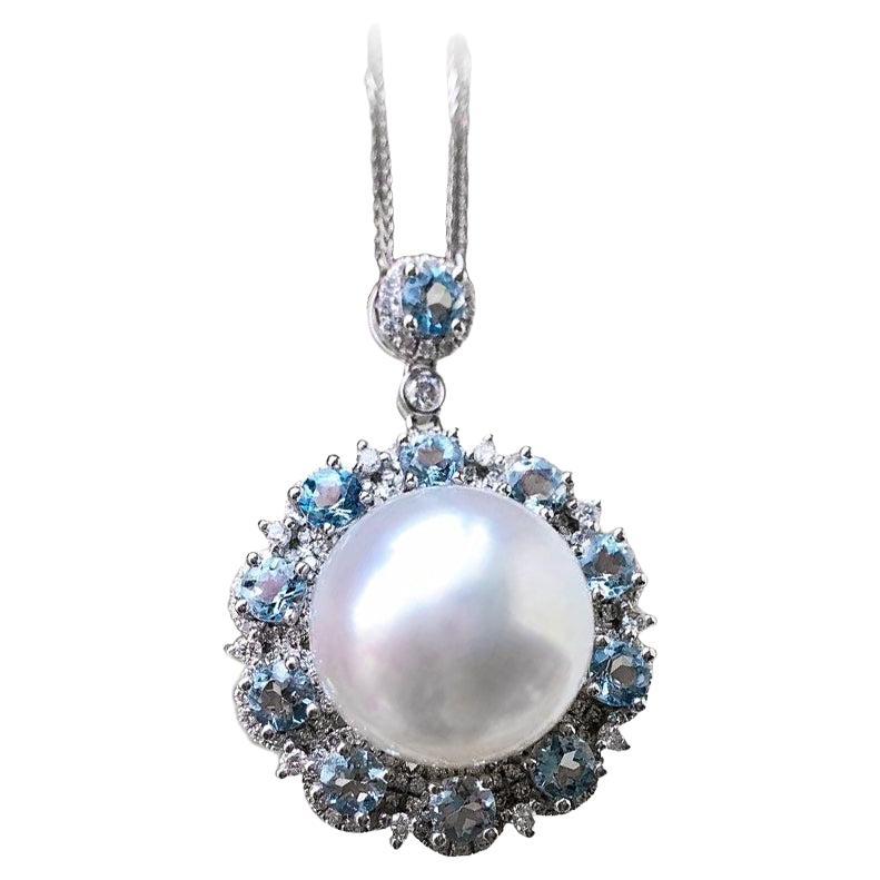 【Crown Radiance】Celestial Halo South Sea Pearl, Aquamarine & Diamond Pendant