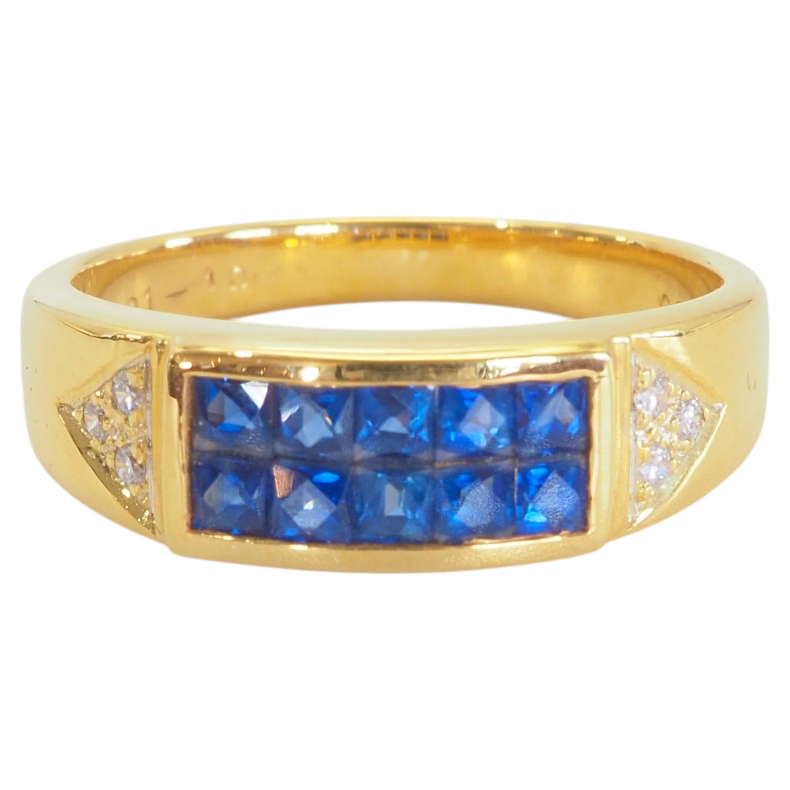 18K Gold 1.30ct Squared Vivid Blue Sapphire & 0.06ct Diamond Band Ring