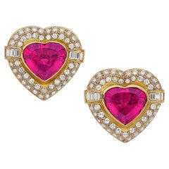 18k Gold & 13.45 Carat Tourmaline Clip-On Heart Earrings w/ 2.25 Carat Diamonds