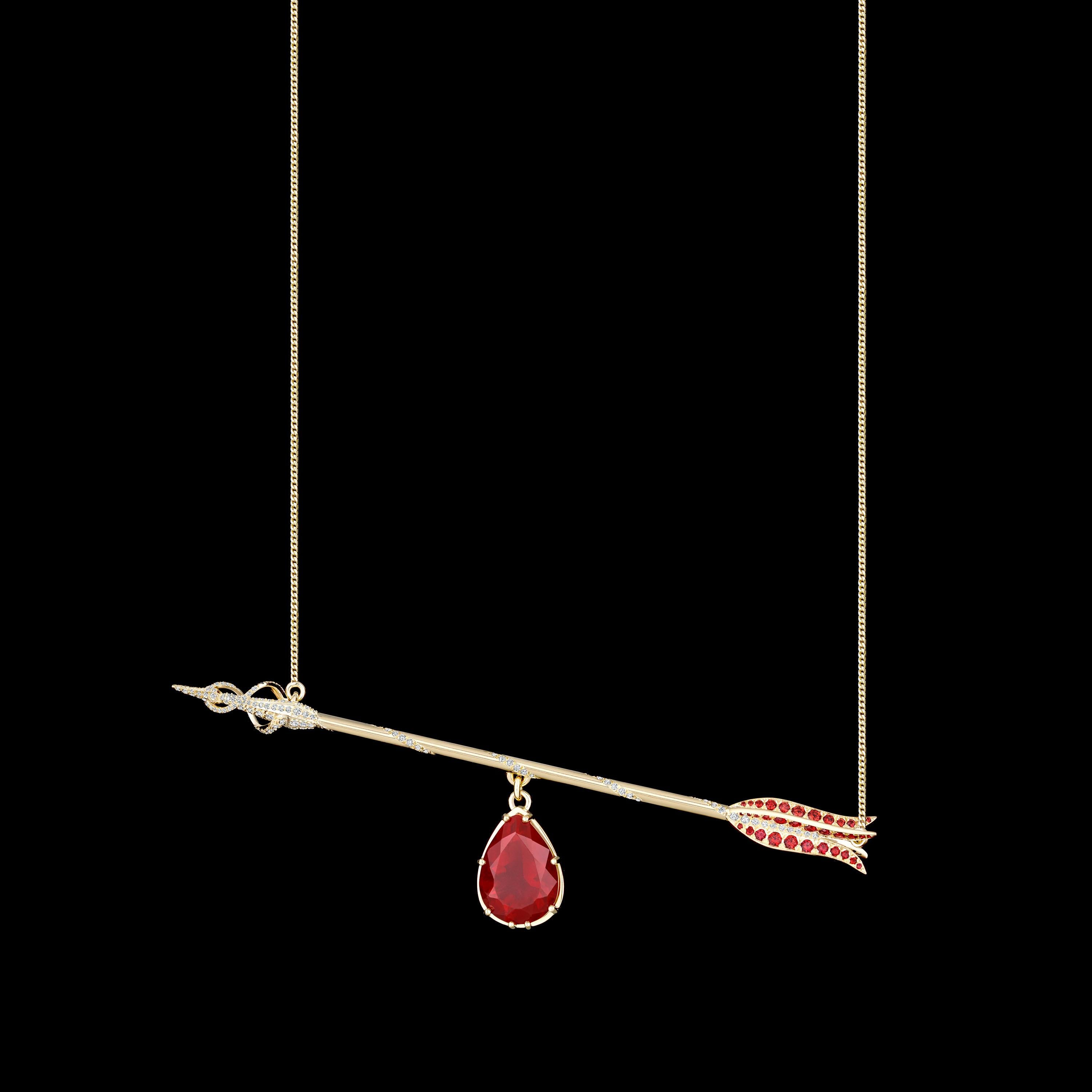 A large pendant in 18K gold with a pear shaped Fire opal (13.5ct), red brilliant cut rubies, and diamonds in the shape of an arrow and a blood drop.

Please note: this was a bespoke, unique creation. We can create another one for you similar but not