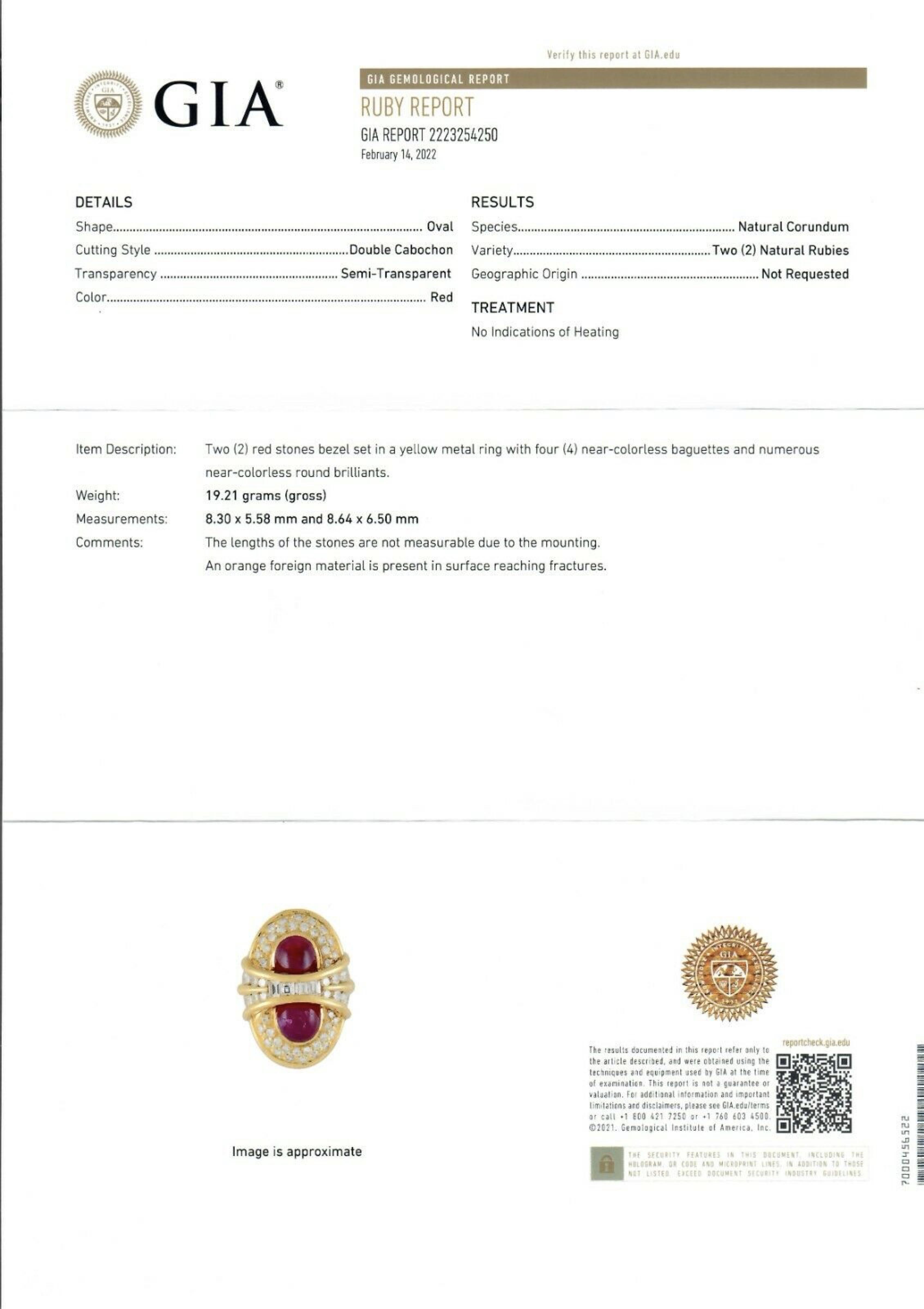18K Gold 13.50ctw GIA Oval Cabochon Dual Ruby w/ Diamond Elongated Cocktail Ring For Sale 5