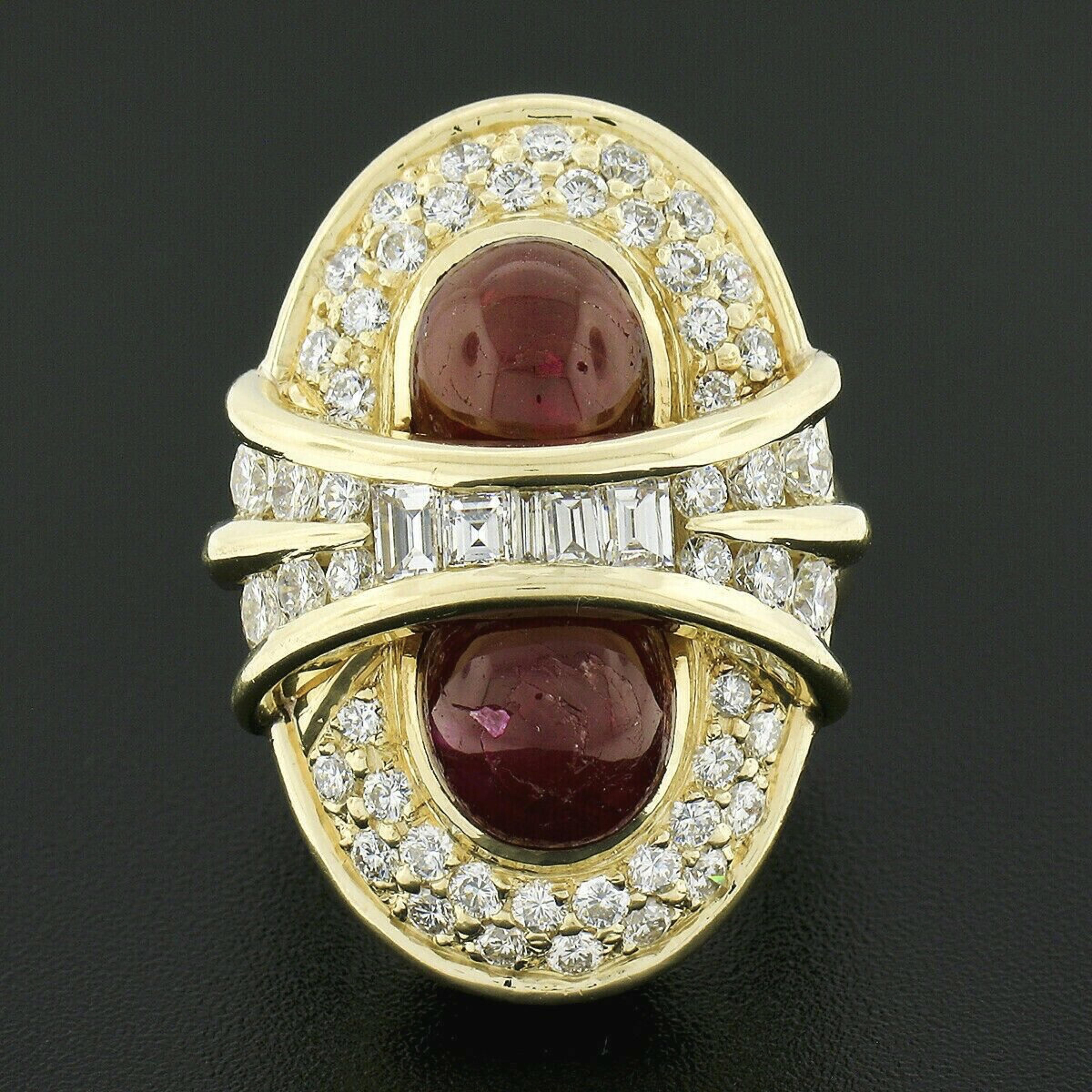 Anillo de cóctel alargado de oro de 18 quilates con doble cabujón ovalado de rubí y diamantes de 13,50 quilates GIA Corte oval en venta