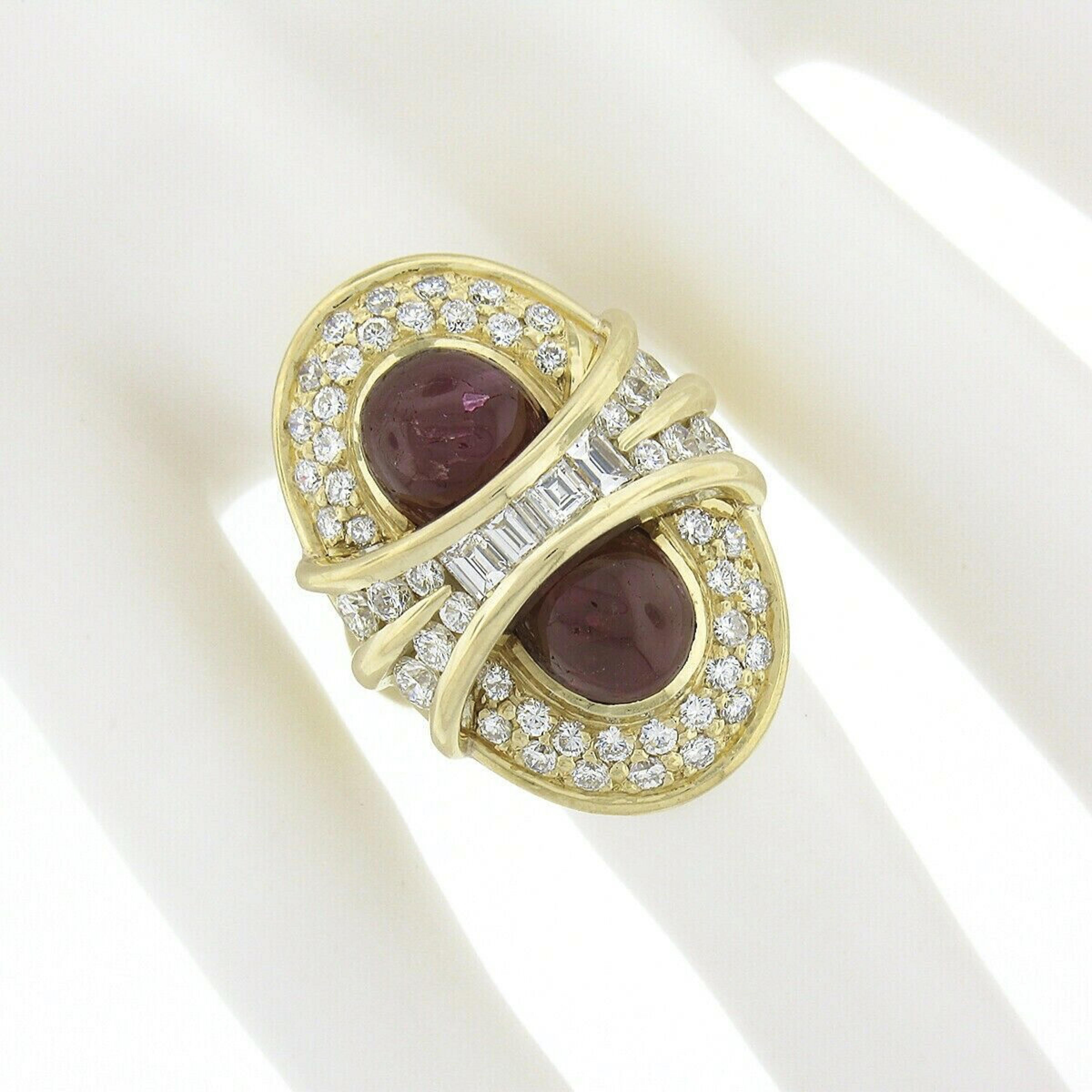 Oval Cut 18K Gold 13.50ctw GIA Oval Cabochon Dual Ruby w/ Diamond Elongated Cocktail Ring For Sale