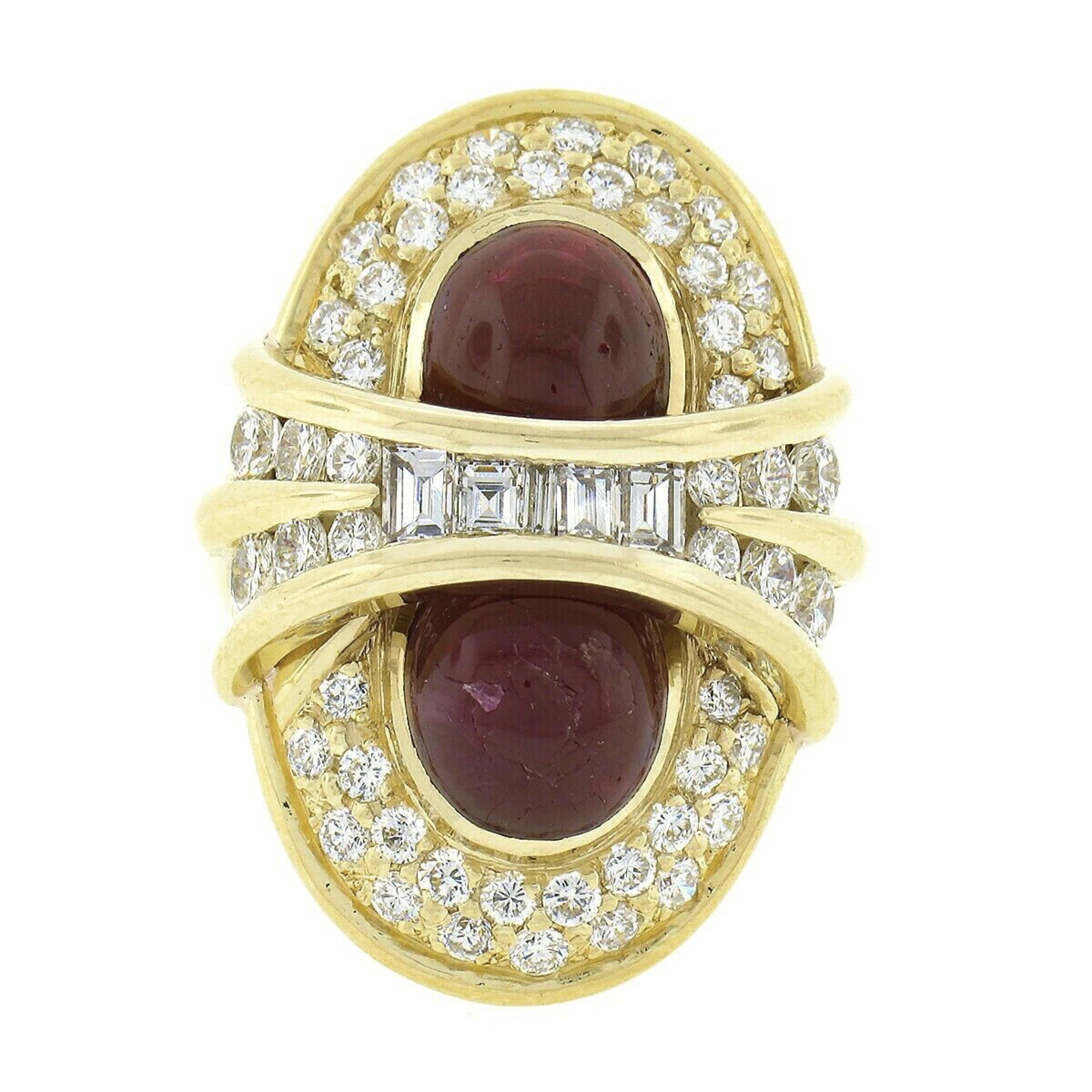 18K Gold 13.50ctw GIA Oval Cabochon Dual Ruby w/ Diamond Elongated Cocktail Ring In Good Condition For Sale In Montclair, NJ