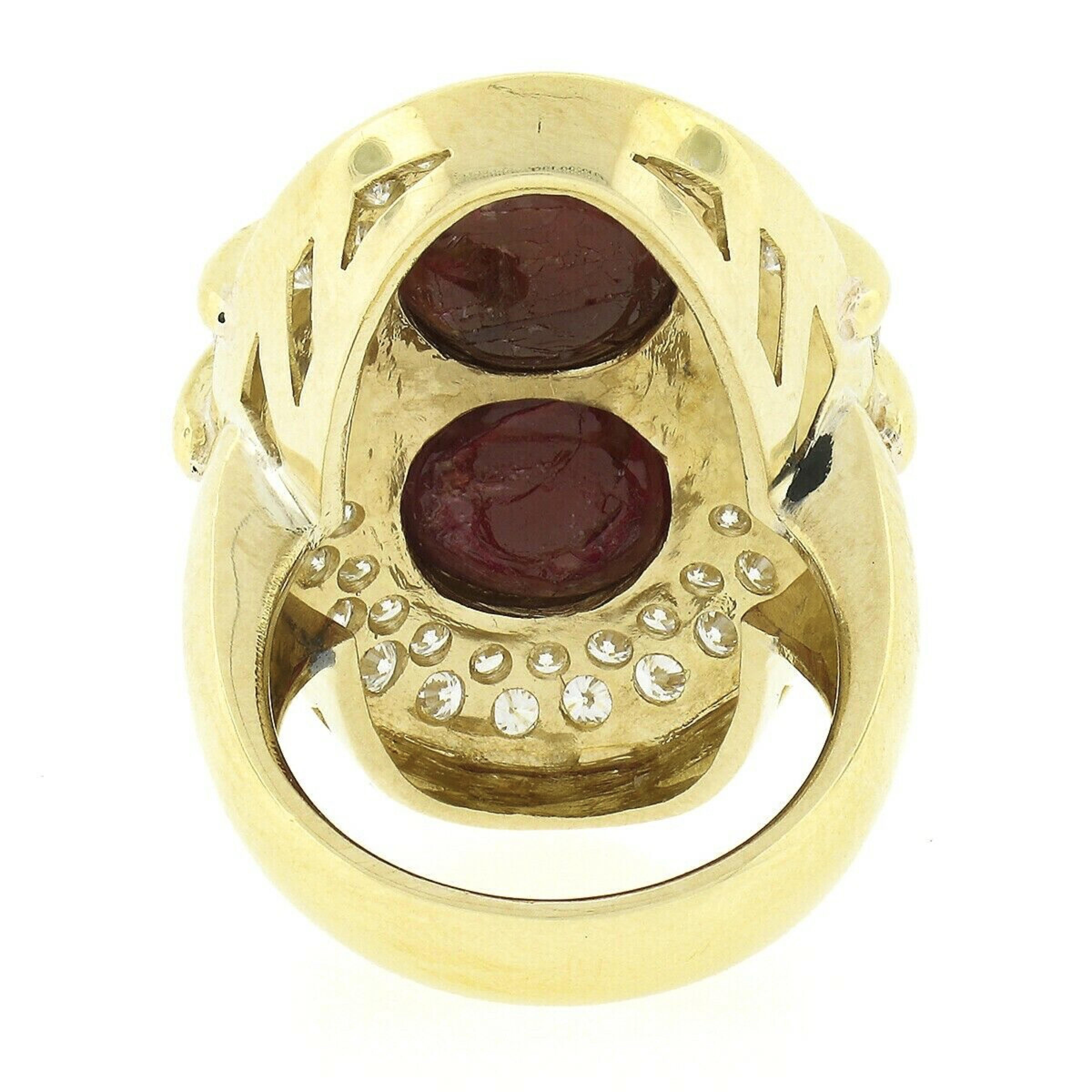 18K Gold 13.50ctw GIA Oval Cabochon Dual Ruby w/ Diamond Elongated Cocktail Ring For Sale 2