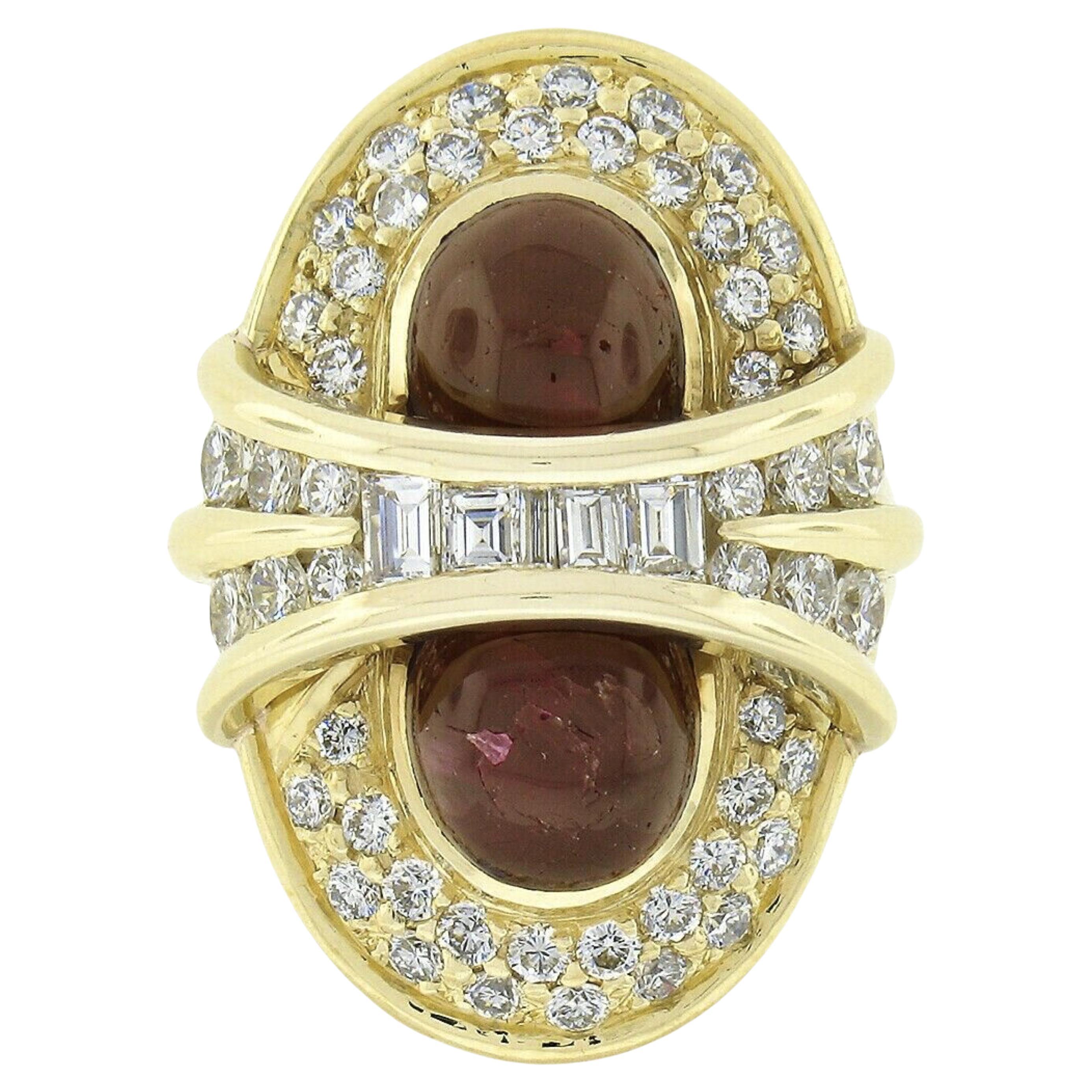 18K Gold 13.50ctw GIA Oval Cabochon Dual Ruby w/ Diamond Elongated Cocktail Ring For Sale