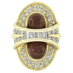 Retro 18K Gold 13.50ctw GIA Oval Cabochon Dual Ruby w/ Diamond Elongated Cocktail Ring