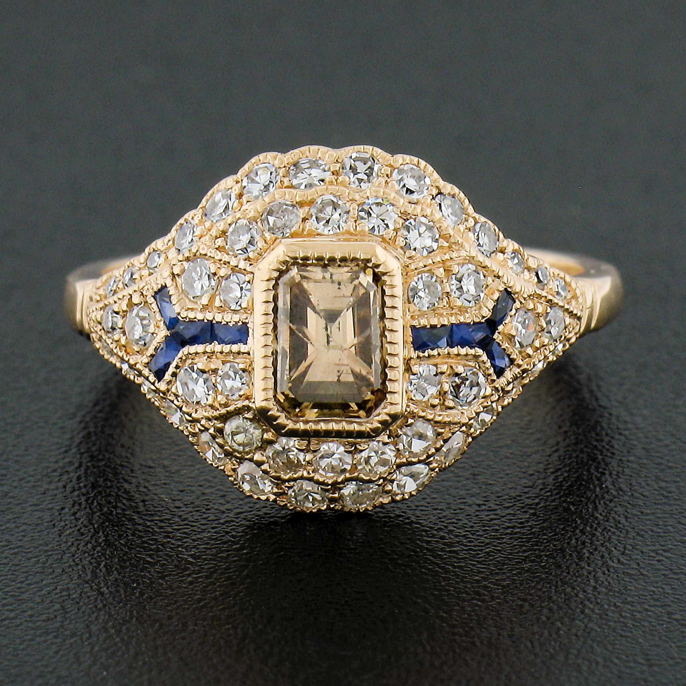 Emerald Cut 18k Gold 1.35ctw Fancy Brown Diamond & Calibre Sapphire Antique Style Ring For Sale
