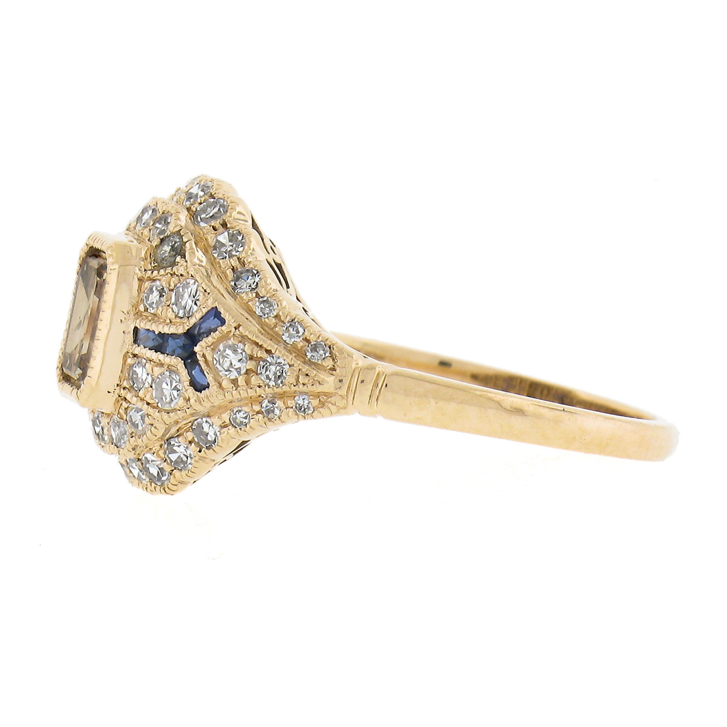 Women's 18k Gold 1.35ctw Fancy Brown Diamond & Calibre Sapphire Antique Style Ring For Sale