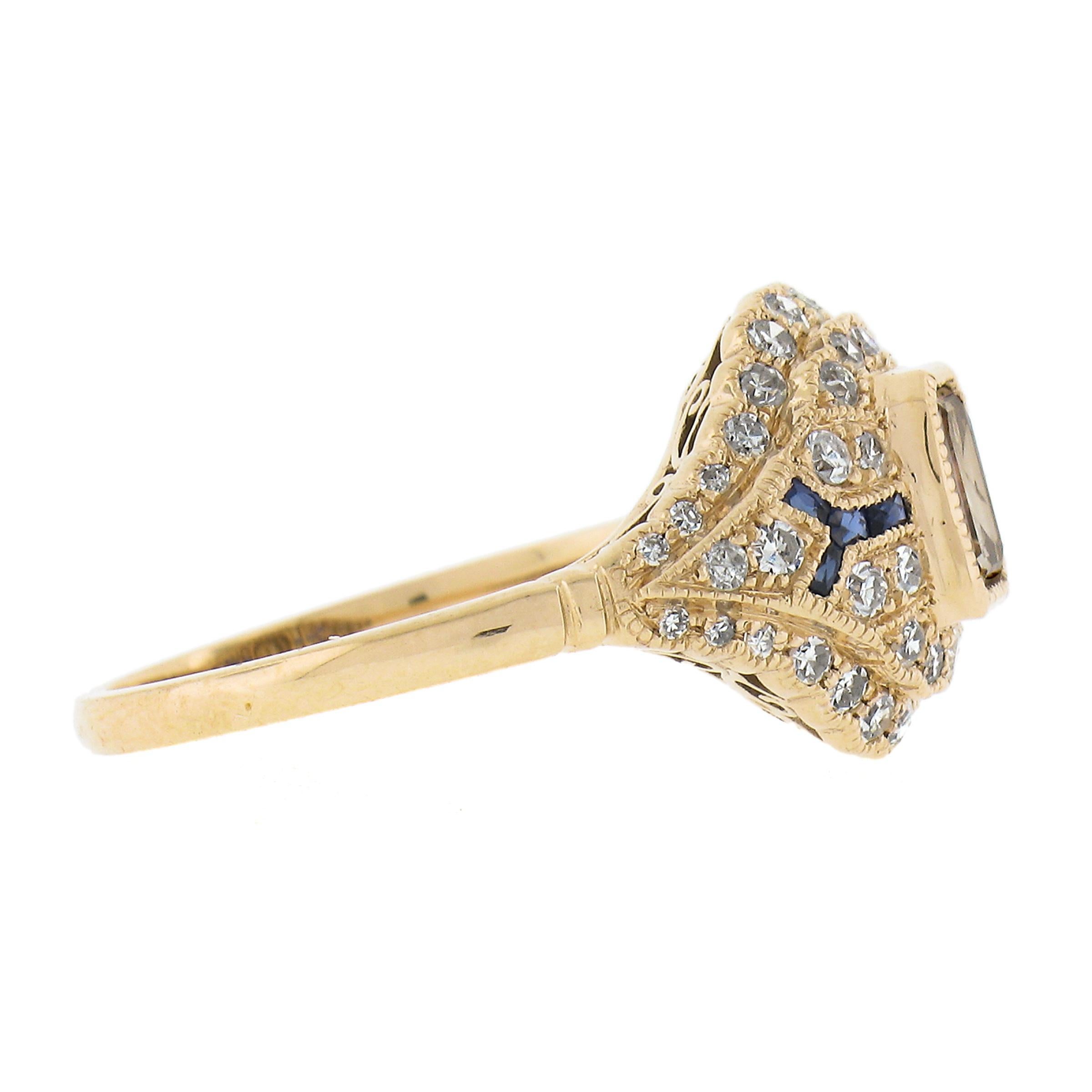 18k Gold 1.35ctw Fancy Brown Diamond & Calibre Sapphire Antique Style Ring For Sale 1