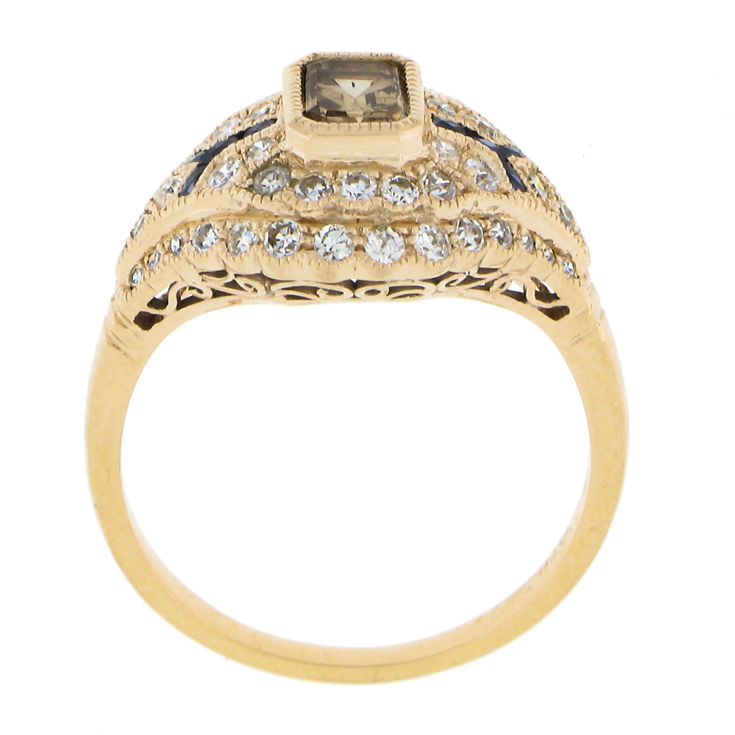18k Gold 1.35ctw Fancy Brown Diamond & Calibre Sapphire Antique Style Ring For Sale 3