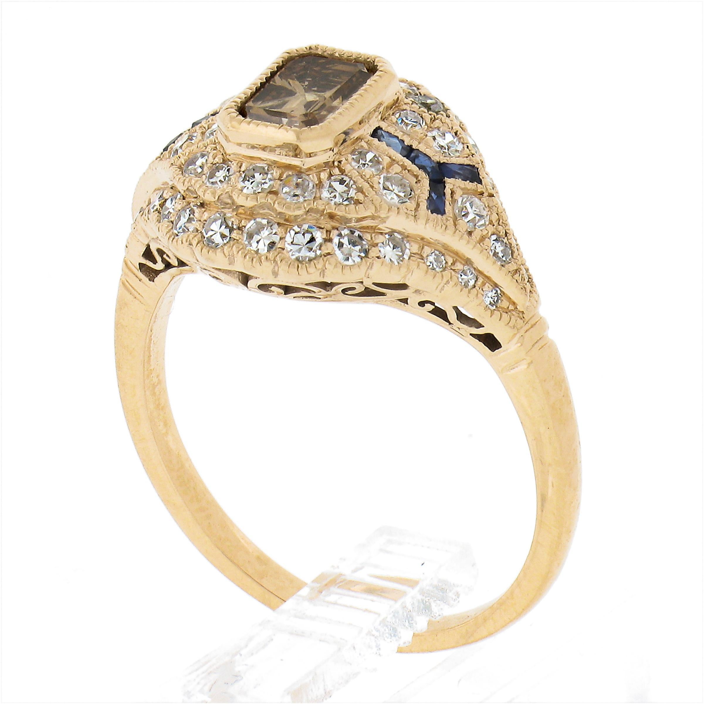 18k Gold 1.35ctw Fancy Brown Diamond & Calibre Sapphire Antique Style Ring For Sale 4