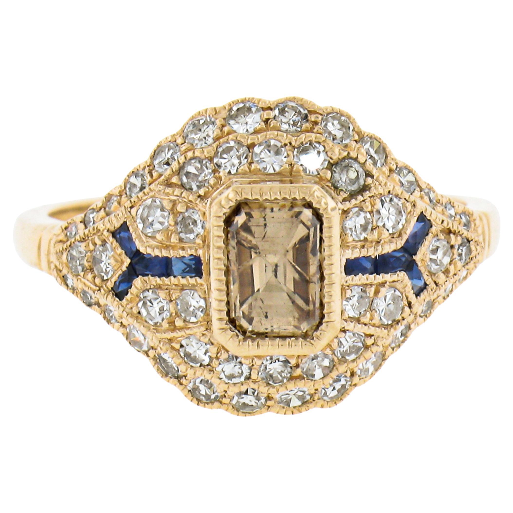 18k Gold 1.35ctw Fancy Brown Diamond & Calibre Sapphire Antique Style Ring For Sale