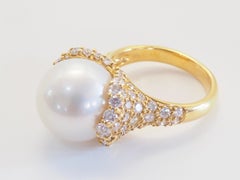 18K Gold 13,5 mm runde weiße Südseeperle & 0,85ct Diamanten Cocktail Ring
