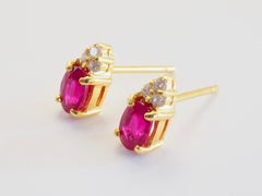18K Gold 1.36ct Oval Thai Ruby & 0.10ct Diamond Fine Stud Earrings
